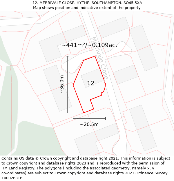 12, MERRIVALE CLOSE, HYTHE, SOUTHAMPTON, SO45 5XA: Plot and title map