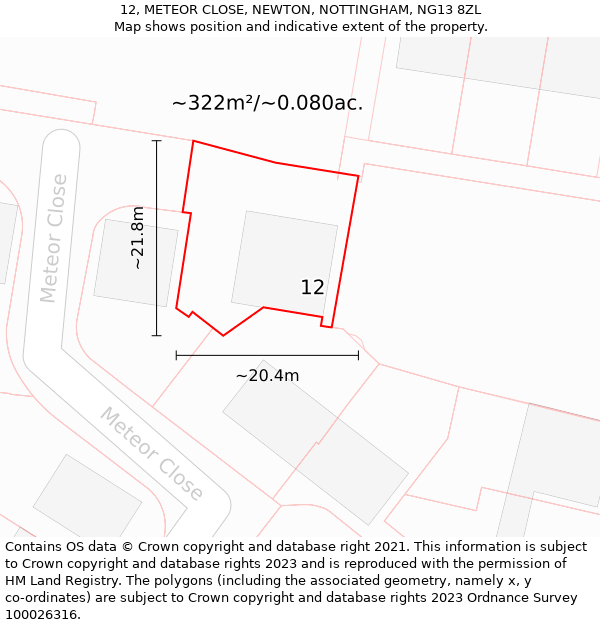 12, METEOR CLOSE, NEWTON, NOTTINGHAM, NG13 8ZL: Plot and title map