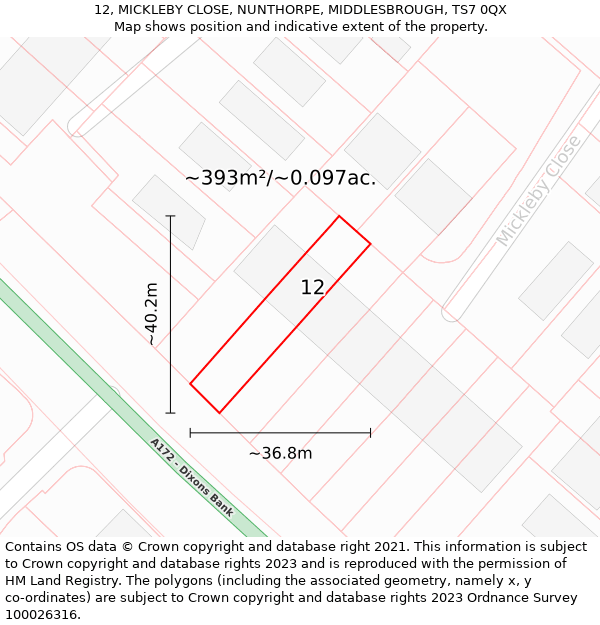 12, MICKLEBY CLOSE, NUNTHORPE, MIDDLESBROUGH, TS7 0QX: Plot and title map