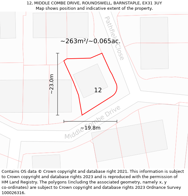 12, MIDDLE COMBE DRIVE, ROUNDSWELL, BARNSTAPLE, EX31 3UY: Plot and title map