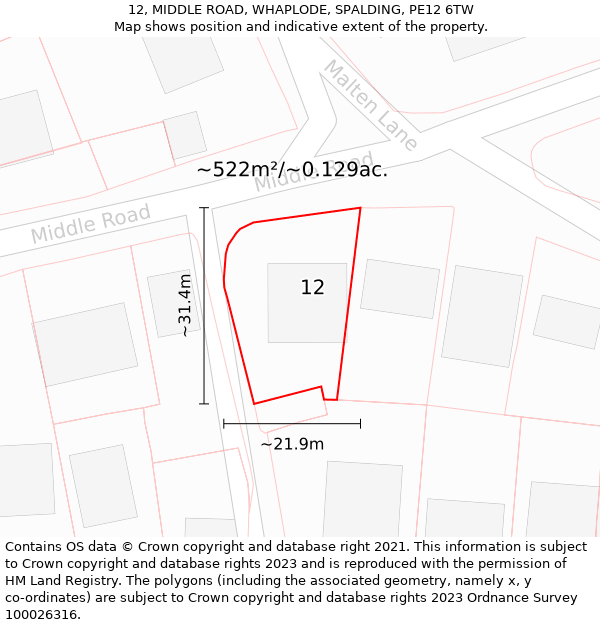 12, MIDDLE ROAD, WHAPLODE, SPALDING, PE12 6TW: Plot and title map