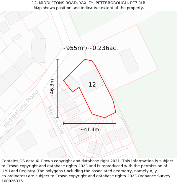 12, MIDDLETONS ROAD, YAXLEY, PETERBOROUGH, PE7 3LR: Plot and title map