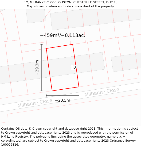 12, MILBANKE CLOSE, OUSTON, CHESTER LE STREET, DH2 1JJ: Plot and title map