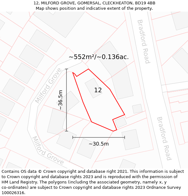 12, MILFORD GROVE, GOMERSAL, CLECKHEATON, BD19 4BB: Plot and title map