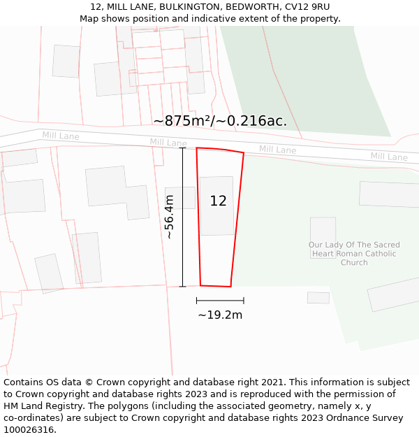 12, MILL LANE, BULKINGTON, BEDWORTH, CV12 9RU: Plot and title map