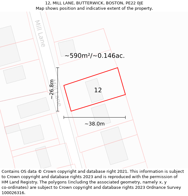 12, MILL LANE, BUTTERWICK, BOSTON, PE22 0JE: Plot and title map