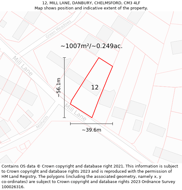 12, MILL LANE, DANBURY, CHELMSFORD, CM3 4LF: Plot and title map