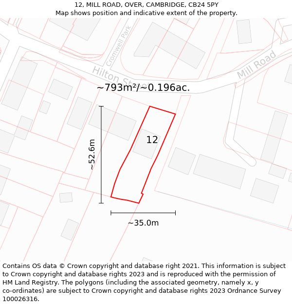 12, MILL ROAD, OVER, CAMBRIDGE, CB24 5PY: Plot and title map