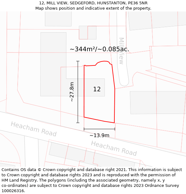 12, MILL VIEW, SEDGEFORD, HUNSTANTON, PE36 5NR: Plot and title map