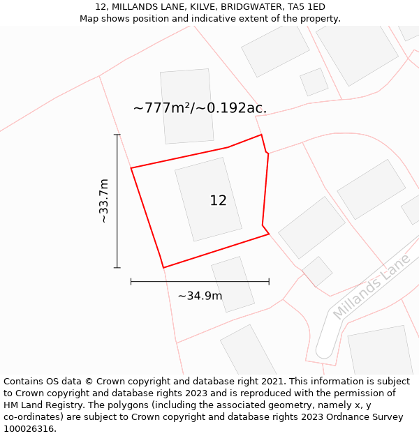 12, MILLANDS LANE, KILVE, BRIDGWATER, TA5 1ED: Plot and title map