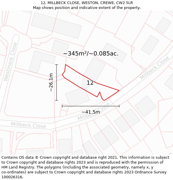 12, MILLBECK CLOSE, WESTON, CREWE, CW2 5LR: Plot and title map