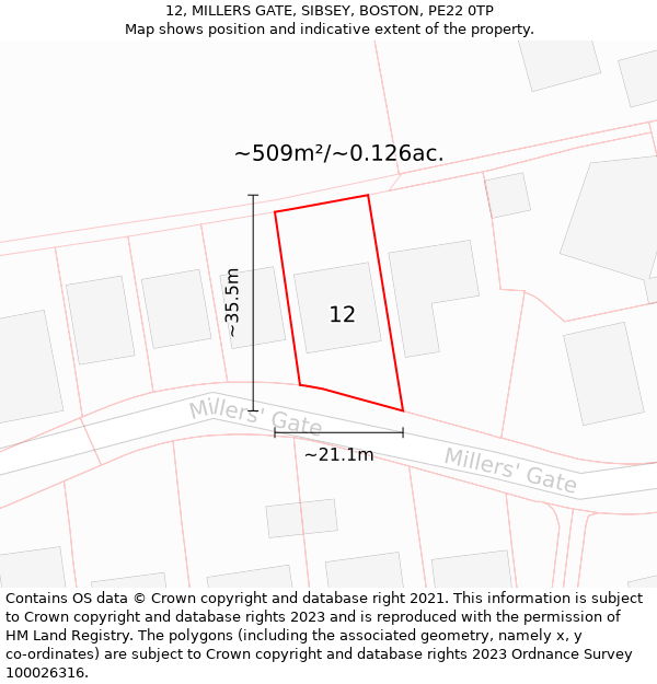 12, MILLERS GATE, SIBSEY, BOSTON, PE22 0TP: Plot and title map