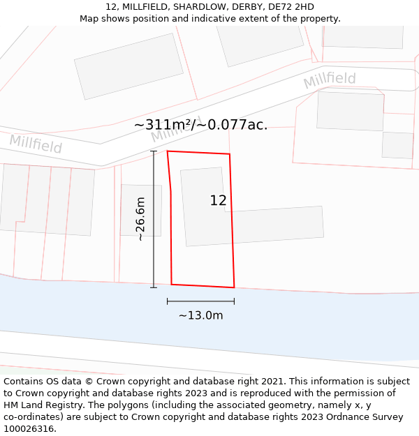 12, MILLFIELD, SHARDLOW, DERBY, DE72 2HD: Plot and title map