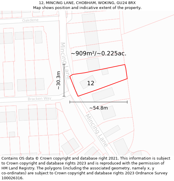 12, MINCING LANE, CHOBHAM, WOKING, GU24 8RX: Plot and title map