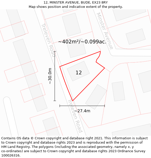 12, MINSTER AVENUE, BUDE, EX23 8RY: Plot and title map