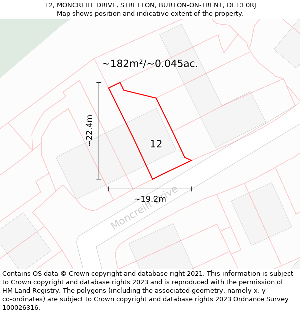 12, MONCREIFF DRIVE, STRETTON, BURTON-ON-TRENT, DE13 0RJ: Plot and title map