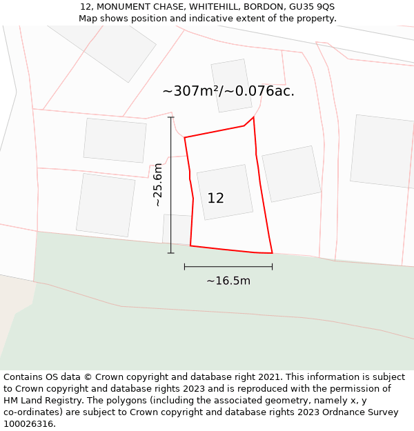 12, MONUMENT CHASE, WHITEHILL, BORDON, GU35 9QS: Plot and title map