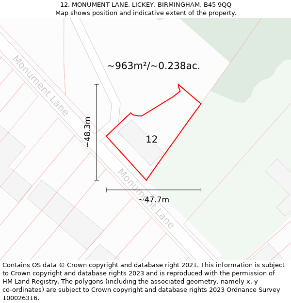 12, MONUMENT LANE, LICKEY, BIRMINGHAM, B45 9QQ: Plot and title map