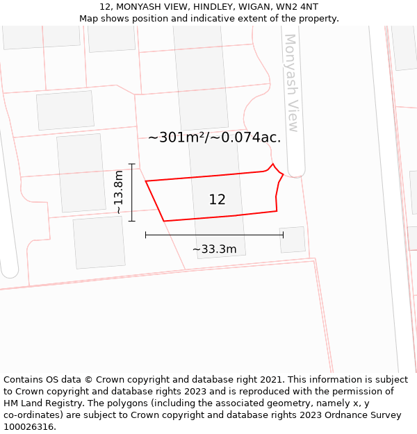 12, MONYASH VIEW, HINDLEY, WIGAN, WN2 4NT: Plot and title map