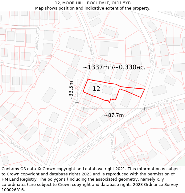 12, MOOR HILL, ROCHDALE, OL11 5YB: Plot and title map