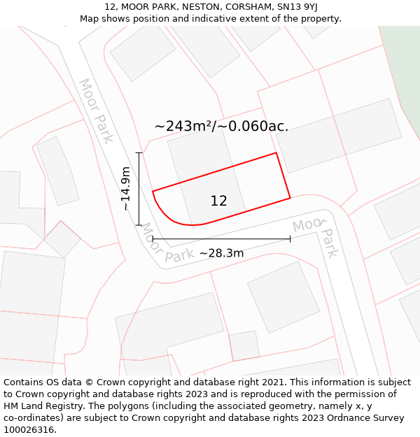 12, MOOR PARK, NESTON, CORSHAM, SN13 9YJ: Plot and title map