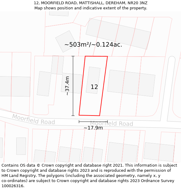 12, MOORFIELD ROAD, MATTISHALL, DEREHAM, NR20 3NZ: Plot and title map