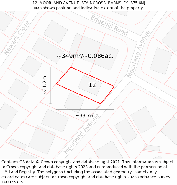 12, MOORLAND AVENUE, STAINCROSS, BARNSLEY, S75 6NJ: Plot and title map