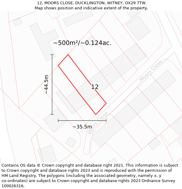 12, MOORS CLOSE, DUCKLINGTON, WITNEY, OX29 7TW: Plot and title map