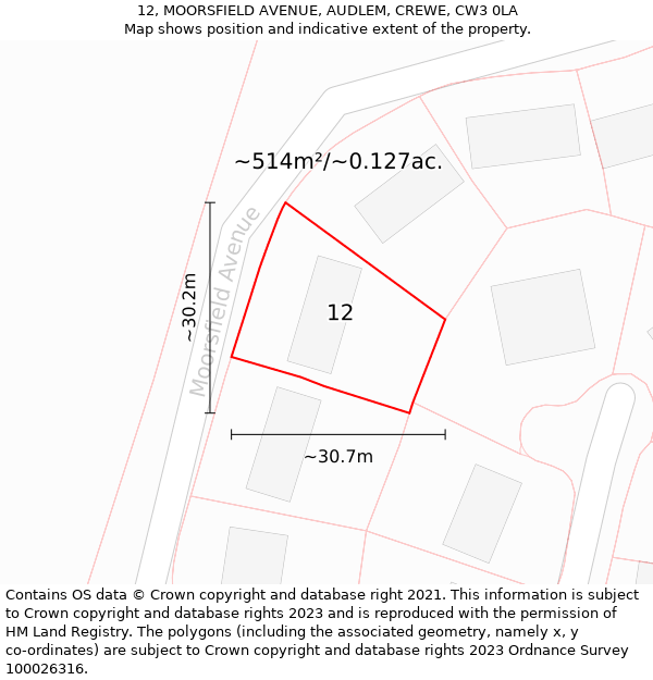 12, MOORSFIELD AVENUE, AUDLEM, CREWE, CW3 0LA: Plot and title map