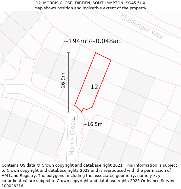 12, MORRIS CLOSE, DIBDEN, SOUTHAMPTON, SO45 5UX: Plot and title map