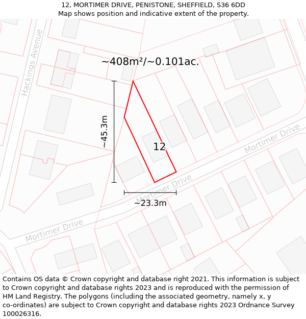 12, MORTIMER DRIVE, PENISTONE, SHEFFIELD, S36 6DD: Plot and title map