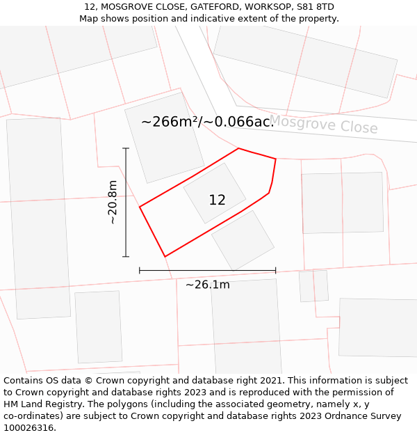 12, MOSGROVE CLOSE, GATEFORD, WORKSOP, S81 8TD: Plot and title map