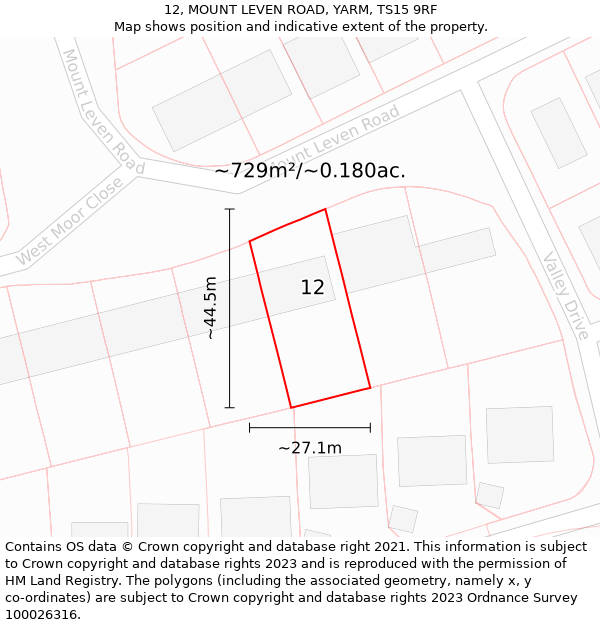 12, MOUNT LEVEN ROAD, YARM, TS15 9RF: Plot and title map