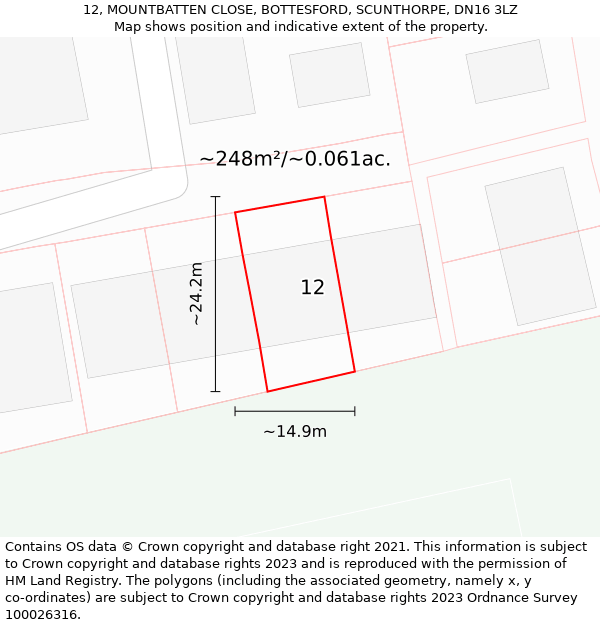 12, MOUNTBATTEN CLOSE, BOTTESFORD, SCUNTHORPE, DN16 3LZ: Plot and title map