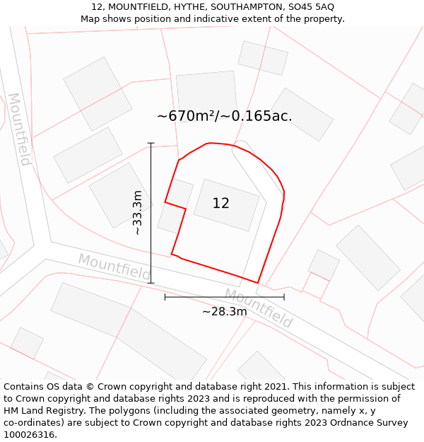 12, MOUNTFIELD, HYTHE, SOUTHAMPTON, SO45 5AQ: Plot and title map