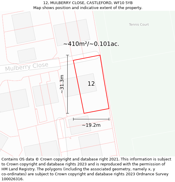 12, MULBERRY CLOSE, CASTLEFORD, WF10 5YB: Plot and title map