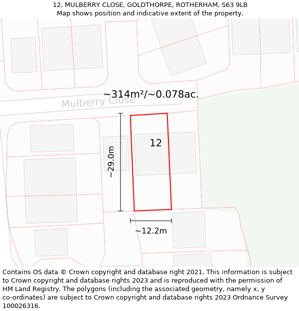 12, MULBERRY CLOSE, GOLDTHORPE, ROTHERHAM, S63 9LB: Plot and title map