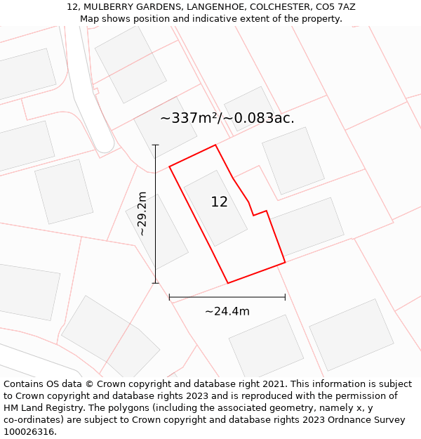 12, MULBERRY GARDENS, LANGENHOE, COLCHESTER, CO5 7AZ: Plot and title map