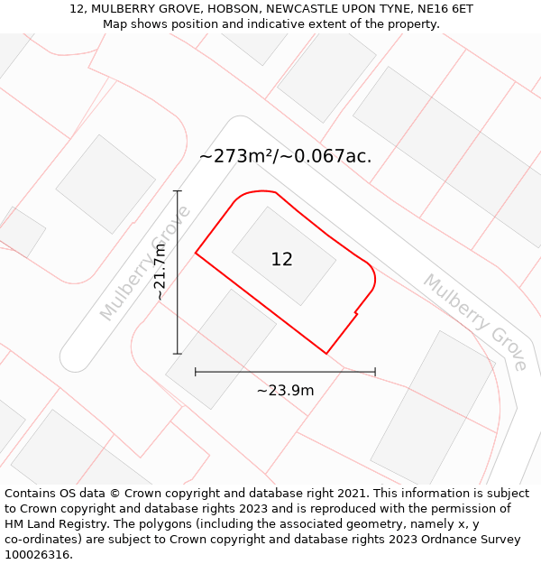 12, MULBERRY GROVE, HOBSON, NEWCASTLE UPON TYNE, NE16 6ET: Plot and title map