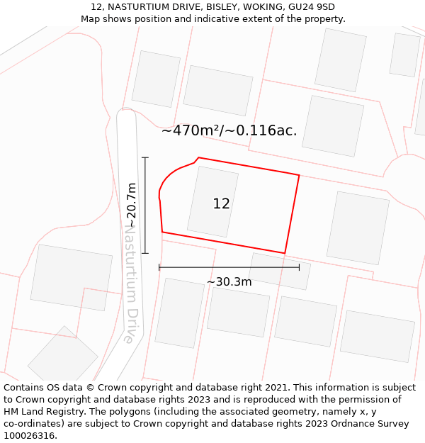 12, NASTURTIUM DRIVE, BISLEY, WOKING, GU24 9SD: Plot and title map