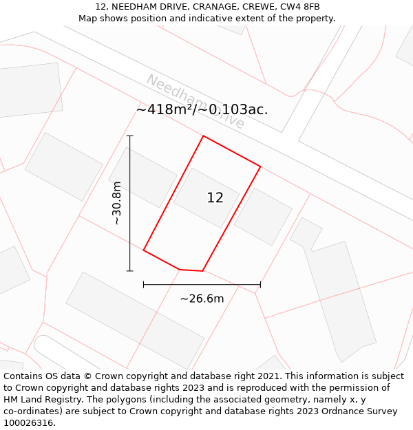 12, NEEDHAM DRIVE, CRANAGE, CREWE, CW4 8FB: Plot and title map