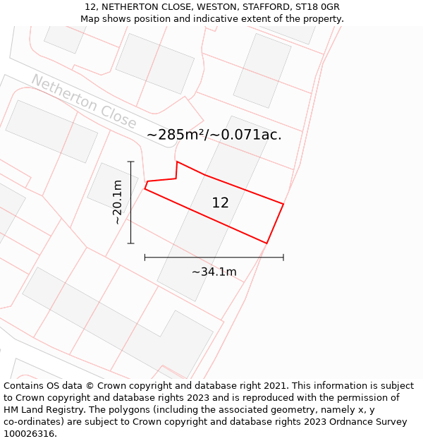 12, NETHERTON CLOSE, WESTON, STAFFORD, ST18 0GR: Plot and title map