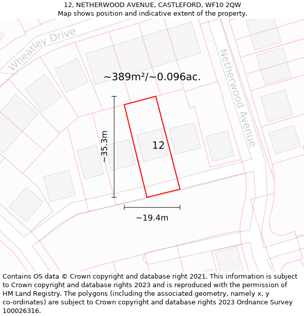 12, NETHERWOOD AVENUE, CASTLEFORD, WF10 2QW: Plot and title map