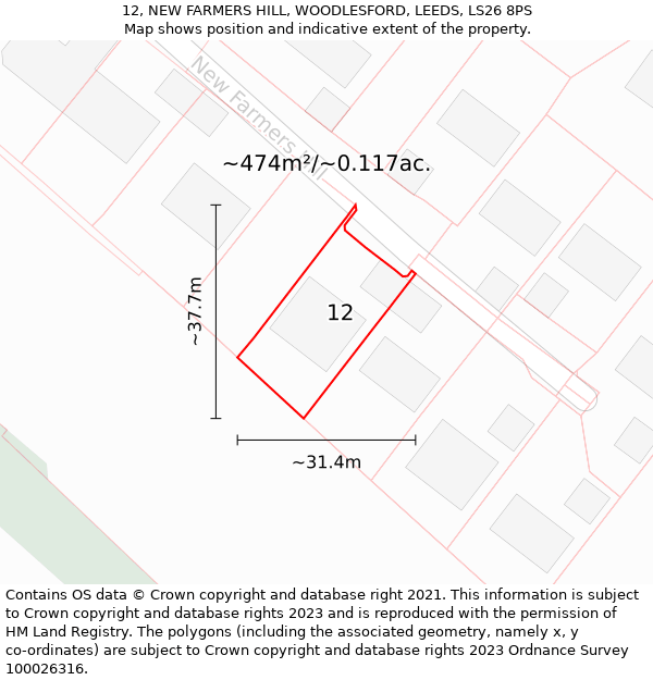 12, NEW FARMERS HILL, WOODLESFORD, LEEDS, LS26 8PS: Plot and title map