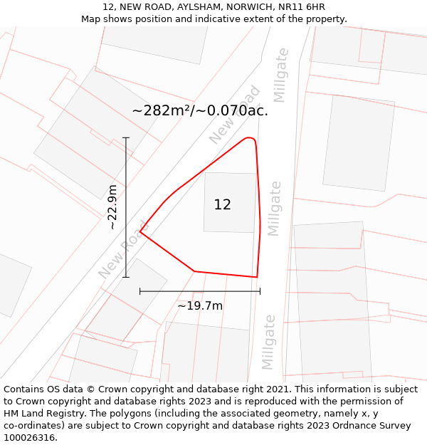 12, NEW ROAD, AYLSHAM, NORWICH, NR11 6HR: Plot and title map