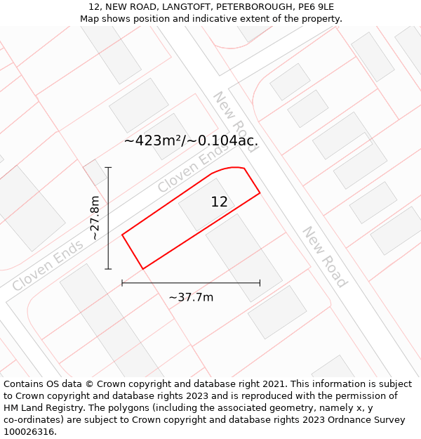 12, NEW ROAD, LANGTOFT, PETERBOROUGH, PE6 9LE: Plot and title map