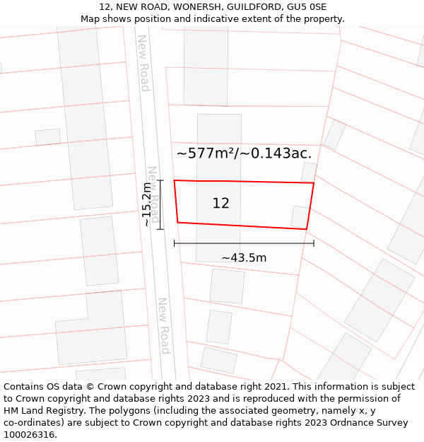 12, NEW ROAD, WONERSH, GUILDFORD, GU5 0SE: Plot and title map