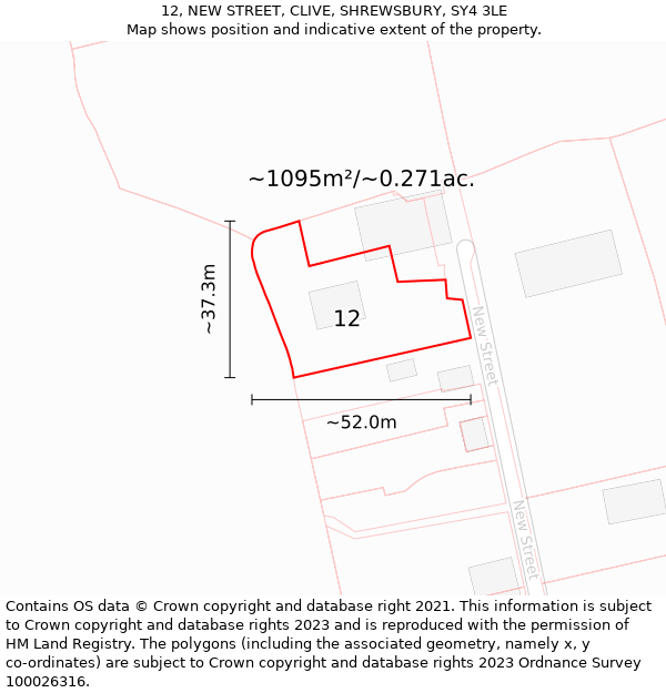 12, NEW STREET, CLIVE, SHREWSBURY, SY4 3LE: Plot and title map