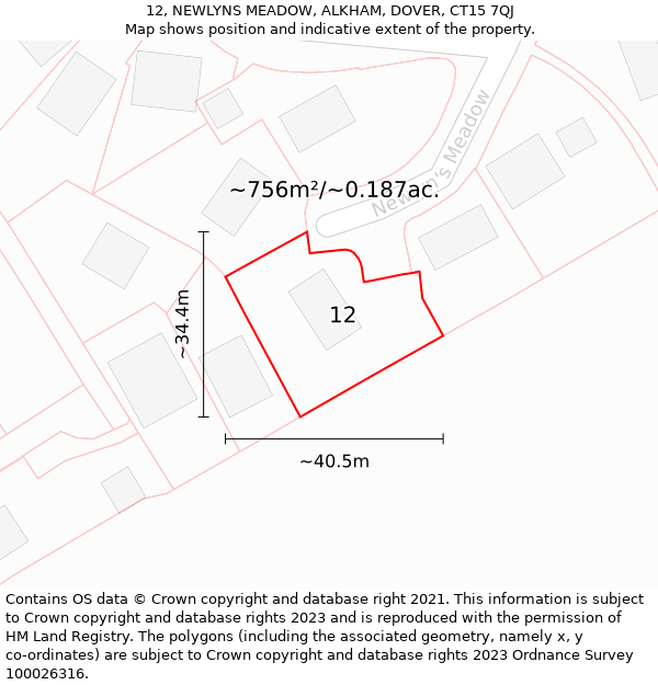 12, NEWLYNS MEADOW, ALKHAM, DOVER, CT15 7QJ: Plot and title map