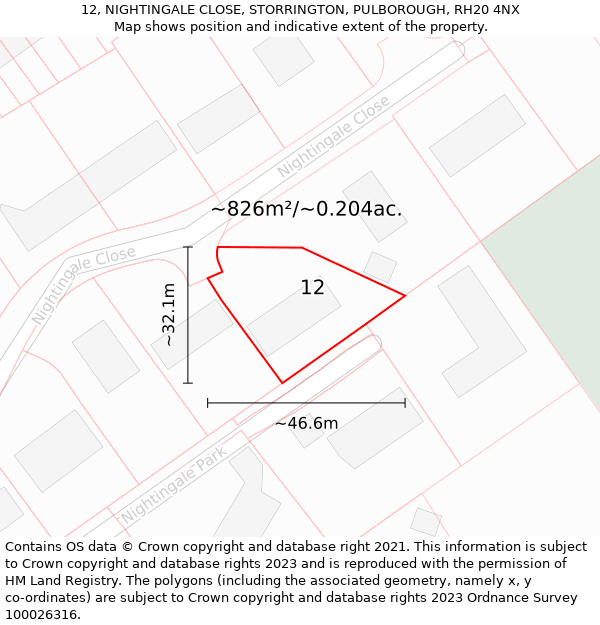 12, NIGHTINGALE CLOSE, STORRINGTON, PULBOROUGH, RH20 4NX: Plot and title map